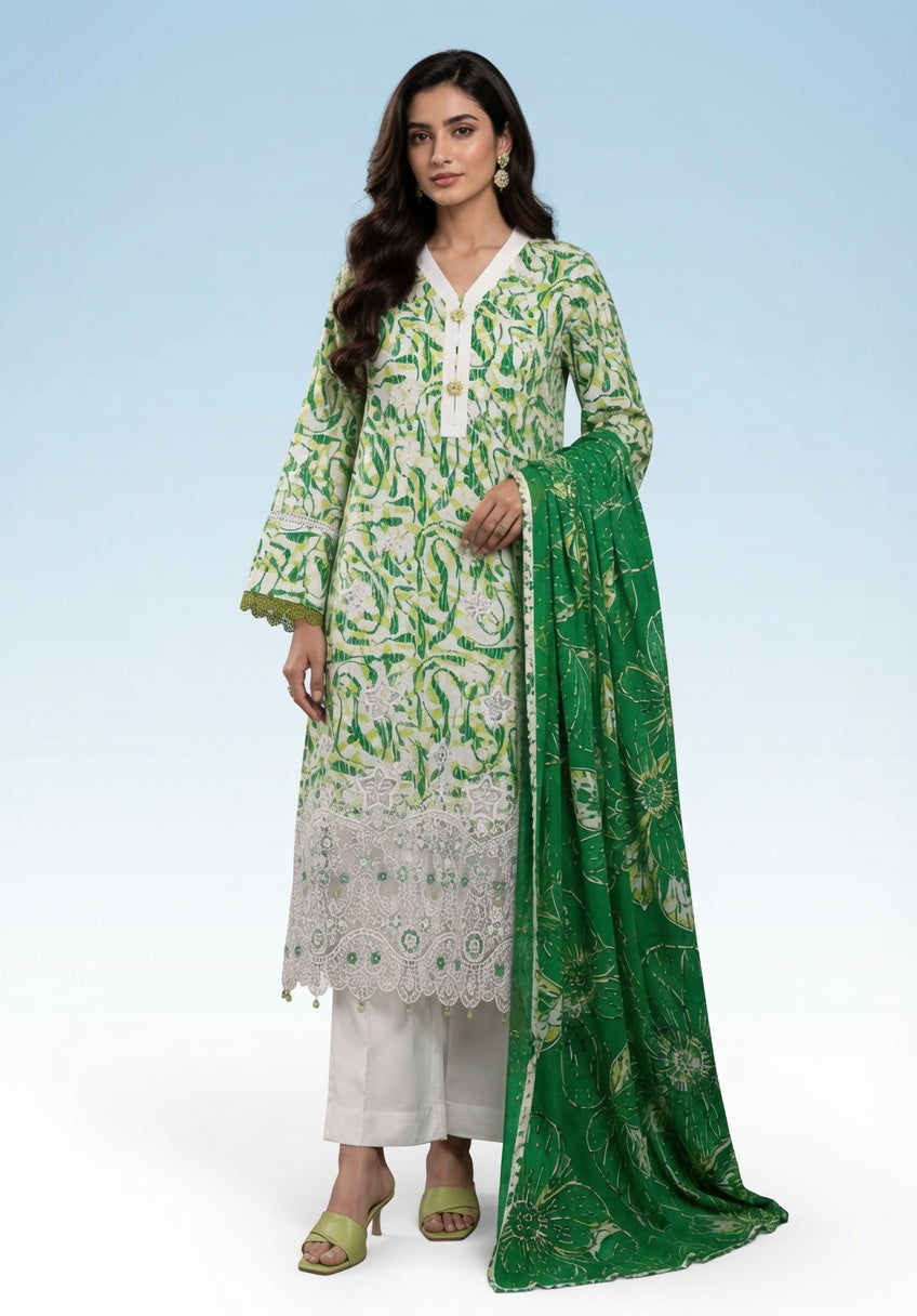 Premium Striped Lawn Digital Printed Daman Applique Tissue Lace Shirt | Digital Printed Voil Dupatta | Comfort Dyed Trouser