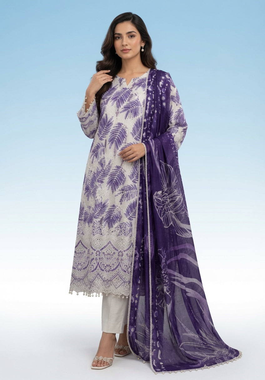 Premium Striped Lawn Digital Printed Shirt with Daman Applique Tissue Lace | Digital Printed Voil Dupatta | Comfort Dyed Trouser